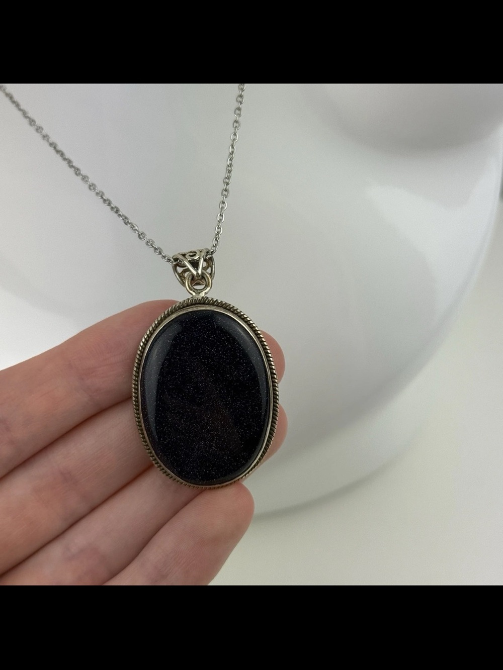 Sterling Silver Pendant Necklace Oval Blue Goldstone Gemstone Whimsigoth Fairy!